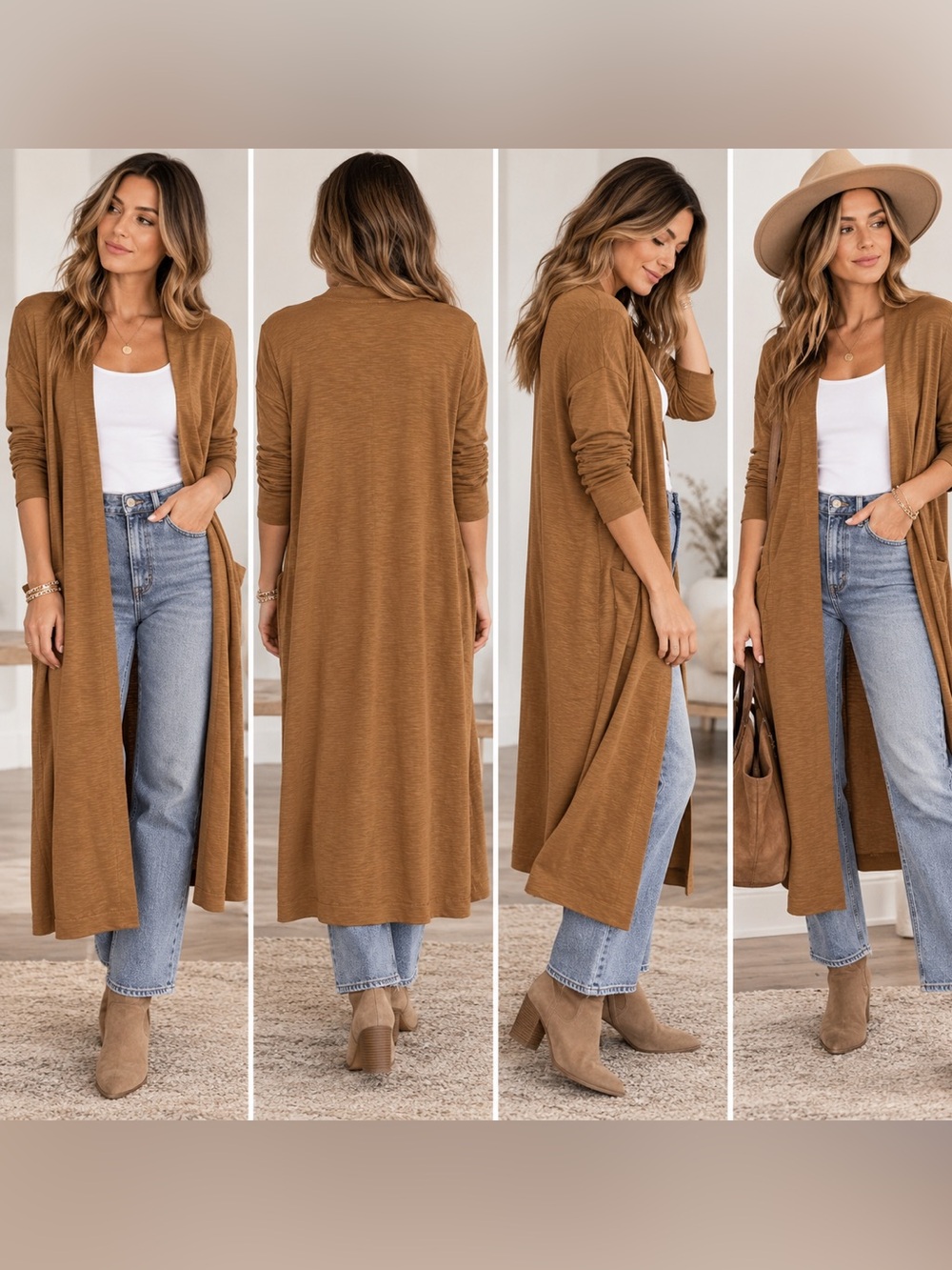 Three Bird Nest Camel Brown 100% Cotton Long Duster Cardigan